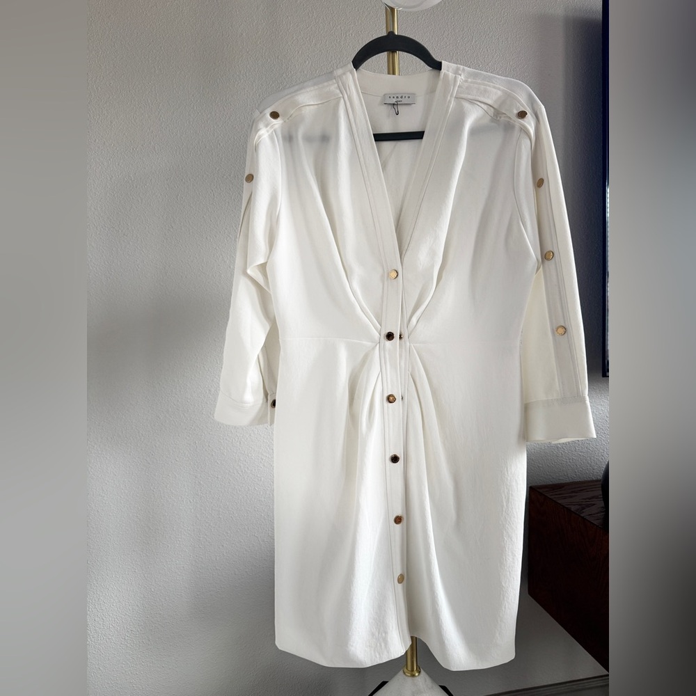 Sandro Cream Plunge Neck 3/4 Sleeve Dress